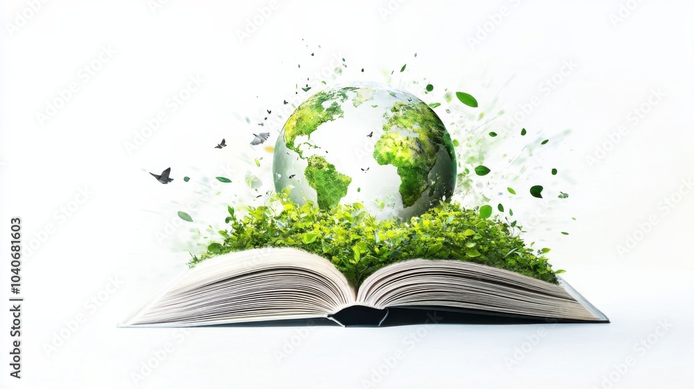 Poster a world emerging from an open book with a clean, white background, imaginative scene