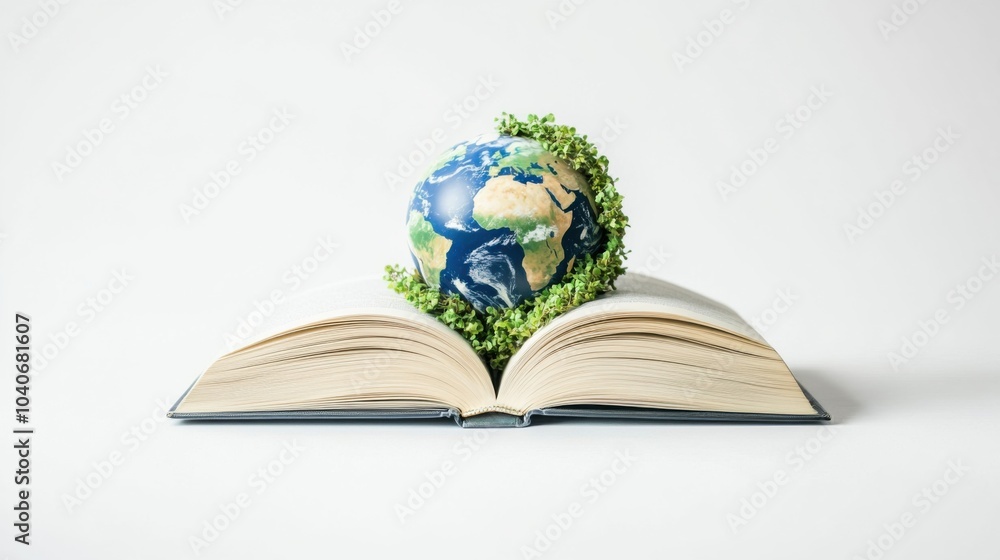 Poster a world emerging from an open book with a clean, white background, imaginative scene