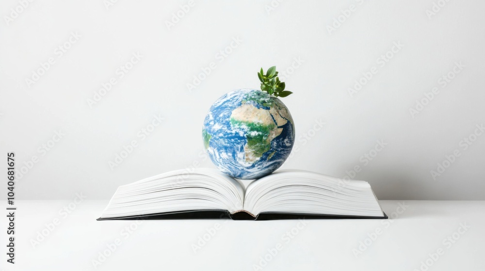Poster a world emerging from an open book with a clean, white background, imaginative scene