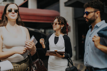 A group of business people engaged in a lively discussion outdoors, exemplifying teamwork and collaboration. They are casually dressed and appear relaxed, representing modern business dynamics.