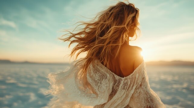 A woman with flowing hair and a white garment basks in the golden sunlight, symbolizing elegance, freedom, and a deep connection with nature and self-awareness.