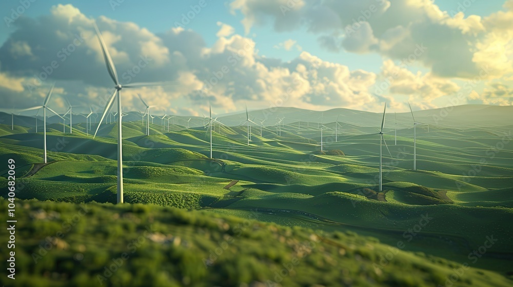 Poster a large wind farm with numerous wind turbines rotating gracefully in an open field, set against a ba