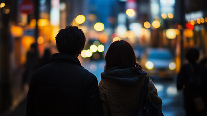 夕暮れ時の日本の街並みと人々