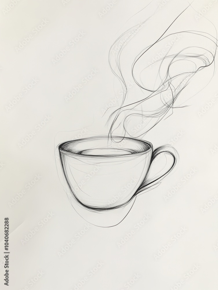 Poster a minimalist line art illustration features a tea cup with gentle steam flows, evoking warmth and co
