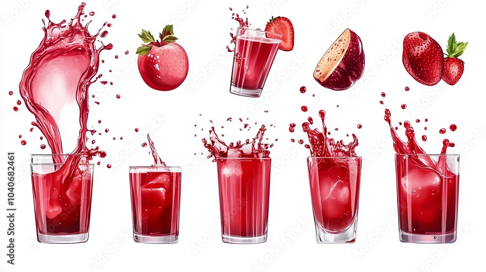 Poster collection of red liquid splashes, resembling water or juice, captured in dynamic motion. this vecto