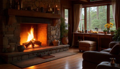 Rustic living room with fireplace and Christmas tree
