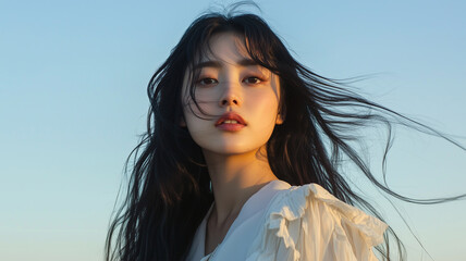 夕陽に煌めく女性ポートレート