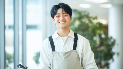 笑顔の日本人男性清掃員