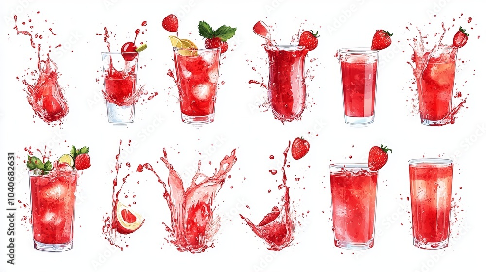 Poster collection of red liquid splashes, resembling water or juice, captured in dynamic motion. this vecto