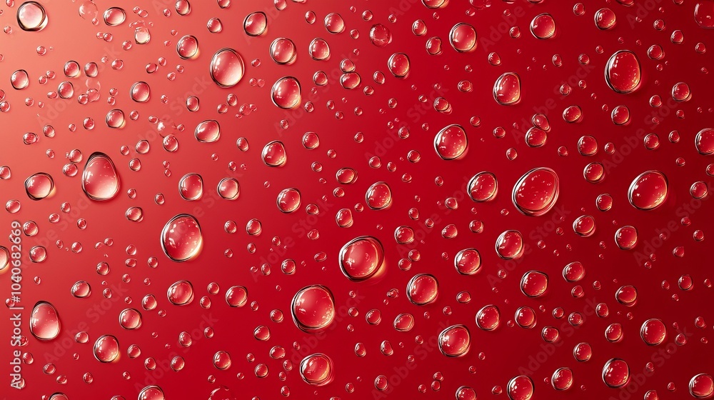 Poster realistic water droplets scattered across a vibrant red background, resembling soda bubbles or conde