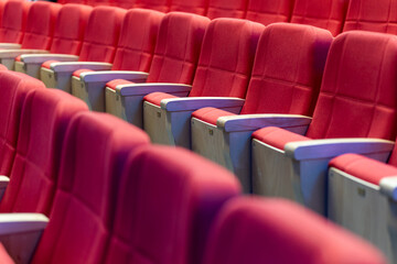 Empty red theater seats arranged in neat rows with armrests during a quiet afternoon performance