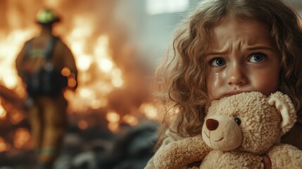 A young, curly-haired child clutches a teddy bear while a firefighter battles flames in the background, showcasing emotions of fear and bravery amid chaos.