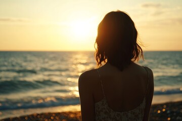 Fototapeta premium A woman watching a sunset by the ocean, enjoying the beauty of nature and the calm evening atmosphere at the beach.