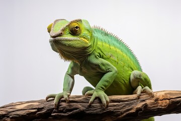 Obraz premium Green lizard perched on a branch in a natural habitat, showcasing vibrant colors and textures