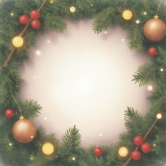 Vintage Christmas-themed border with a central empty oval space. Decorate the border with festive elements such as holly, pine branches, red berries, and golden ornaments. Include delicate snowflakes.