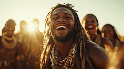 Amidst a sunlit backdrop, a man beams with joy surrounded by laughter, portraying a festive atmosphere of happiness, unity, and cultural celebration outdoors.