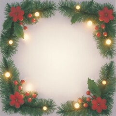 Vintage Christmas-themed border with a central empty oval space. Decorate the border with festive elements such as holly, pine branches, red berries, and golden ornaments. Include delicate snowflakes.