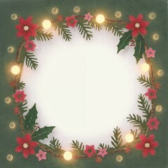 Vintage Christmas-themed border with a central empty oval space. Decorate the border with festive elements such as holly, pine branches, red berries, and golden ornaments. Include delicate snowflakes.