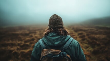A lone traveler stands in a misty field, facing the unknown distance shrouded in fog, representing the journey of exploration, solitude, and introspection.
