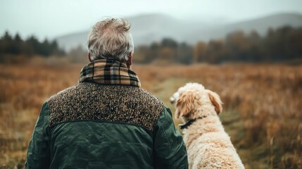 An older man with a dog looks out over a vast, open landscape, evoking a sense of exploration, partnership, and appreciation for nature's grandeur.