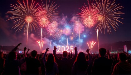 Fireworks celebrating 2025 New Year over a crowd