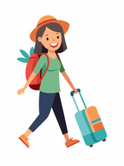 Happy woman traveling with suitcase and backpack. Tourist pulling her luggage. Passenger walking with baggage. Colored flat vector illustration of traveler with bags isolated on white