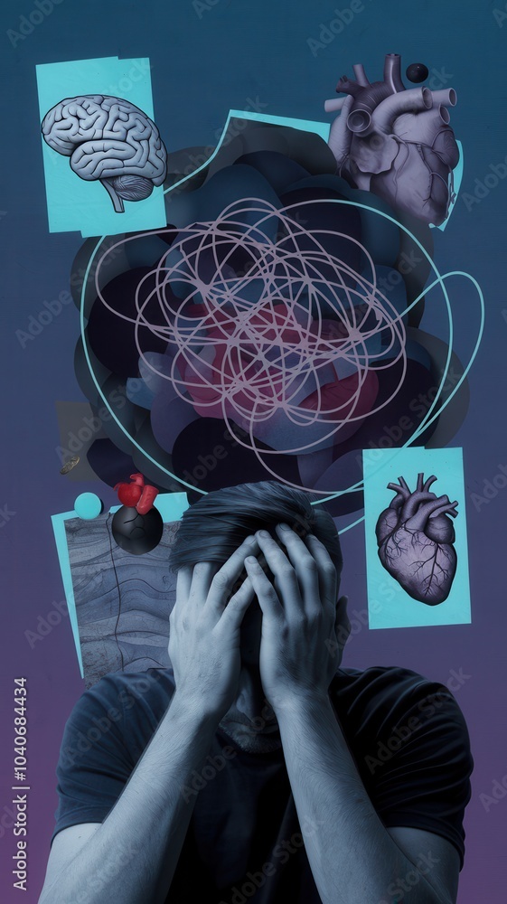 Wall mural person holding head surrounded by health symbols in art collage