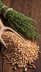 Obraz premium Freshly harvested grains in a wooden bowl with herbs on a rustic table setting in natural lighting