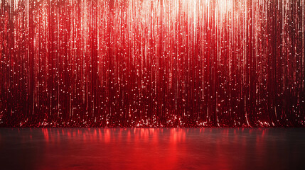 A red curtain with glittery beads hanging from it .Curtain, sequined drape.