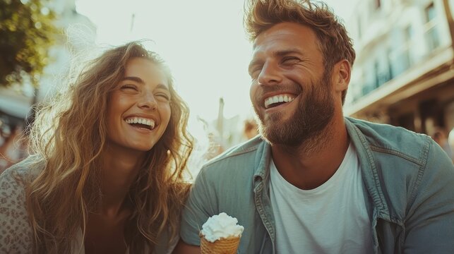 A joyful couple shares a moment with ice cream in the sun, capturing a snapshot of happiness, warmth, and togetherness in an urban setting filled with laughter and delight.
