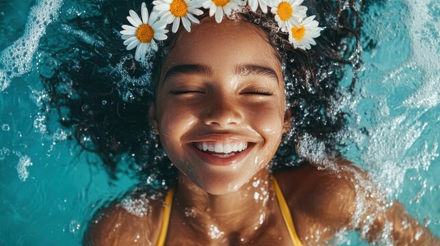 A cheerful girl adorned with a flower crown enjoys an underwater swim, exuding joy and delight as she smiles brightly, embracing the moment.