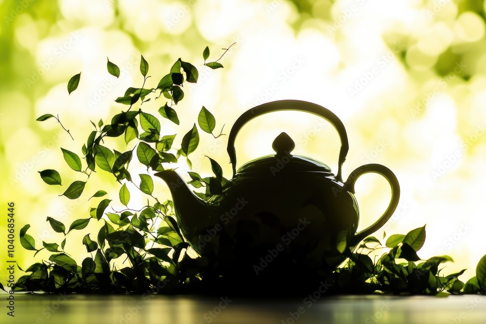 Poster this artwork features a stunning silhouette of a teapot merging seamlessly into delicate tea leaves,