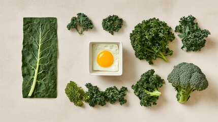 Fresh Green Kale, Broccoli, and Egg on a Light Background