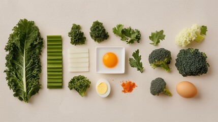 Fresh Kale and Broccoli with Eggs on White Background