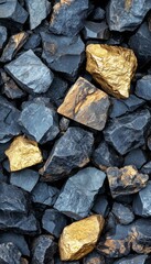 A close-up view of a pile of rocks, featuring a few golden rocks among the dark gray ones.
