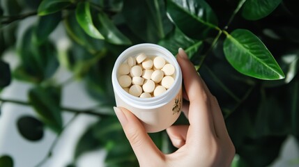 Health Supplements in a Bottle Held Against a Background of Green Leaves