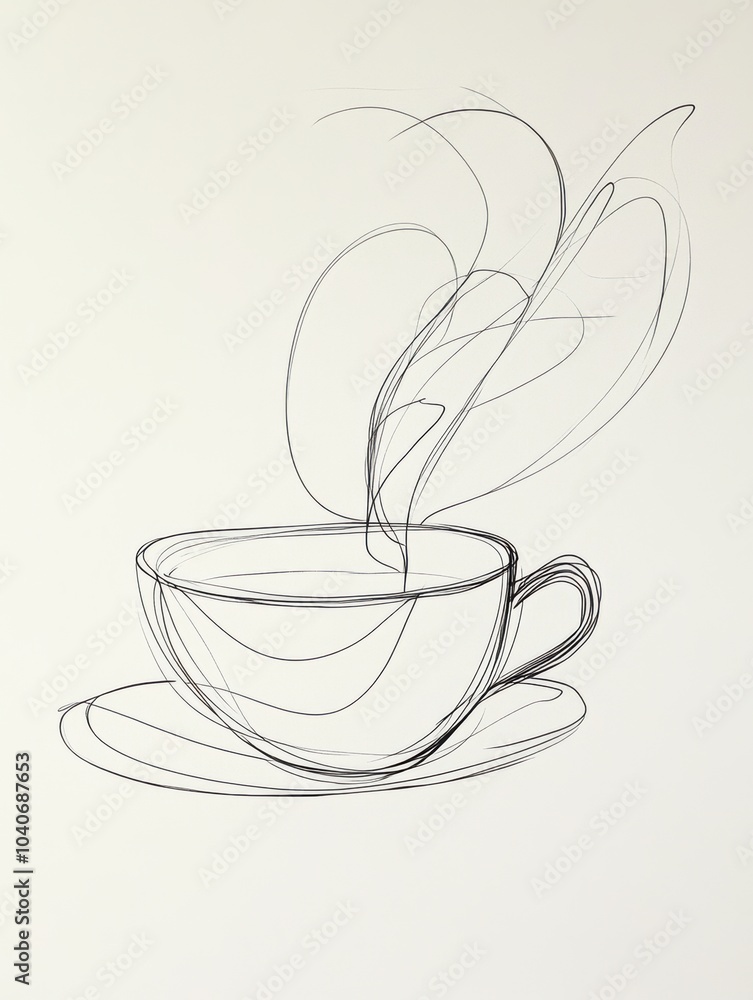 Poster a minimalist line art representation of a tea cup with elegantly curling steam, capturing the warmth