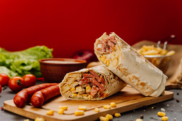 Grilled wrap filled with sausage, corn, and melted cheese. Hearty meal or street food craving