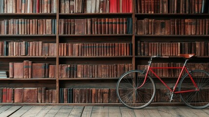 A bicycle is propped against a large library shelf filled with books, representing knowledge and exploration, set in a room with historical and nostalgic vibes.