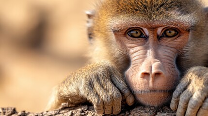 The close-up capture of a baboon's face highlights its thoughtful expression and intricate fur patterns, conveying wisdom and alertness in a wild state.