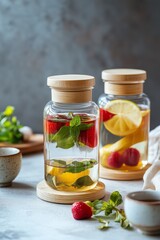 Infused herbal drinks in glass jars with fruits and mint