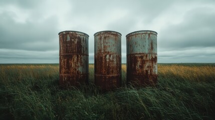 Three large rusty metal barrels stand isolated in an expansive grassy field under a cloudy sky, evoking a sense of solitude and the passage of time.