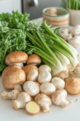 Fresh mushrooms, green onions, and parsley on a kitchen counter