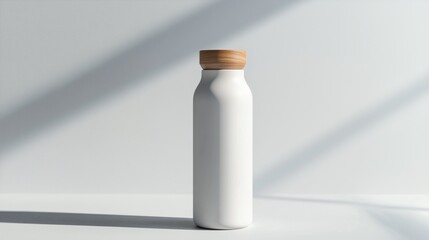 Minimalist white water bottle with bamboo cap in natural light