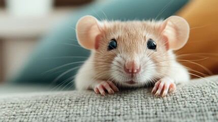 Fototapeta premium A lovely rat with soft brown fur gazes over the edge of a soft gray sofa, appearing sweet and curious in a calm, inviting indoor space.
