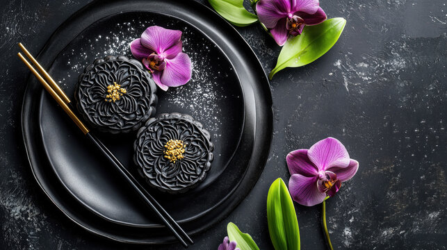 Beautiful Delight black winter charcoal sesame mooncakes filled with black sesame paste with gold leaf dust. Edible glittering gold flakes brushed powdering on Bamboo Charcoal Snowy Skin Mooncake
