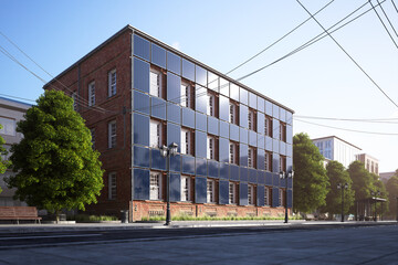 Naklejka premium Modern Brick Building with Solar Panels in Urban Setting Under Clear Sky