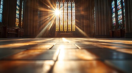 A breathtaking view of a cathedral interior bathed in sunlight, streaming through golden stained glass windows and creating a warm, inviting ambiance on the tiled floor.