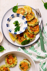 Cheese pancakes with mozzarella, spinach and yogurt-garlic sauce..top veiw