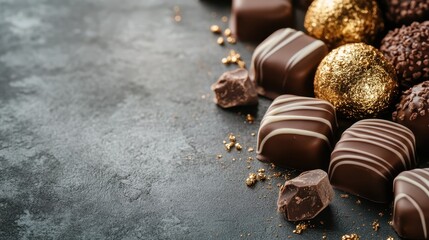 A creative display of delectable chocolate candies adorned with gold wrapping, professionally styled to capture an artistic essence suitable for stock image use.